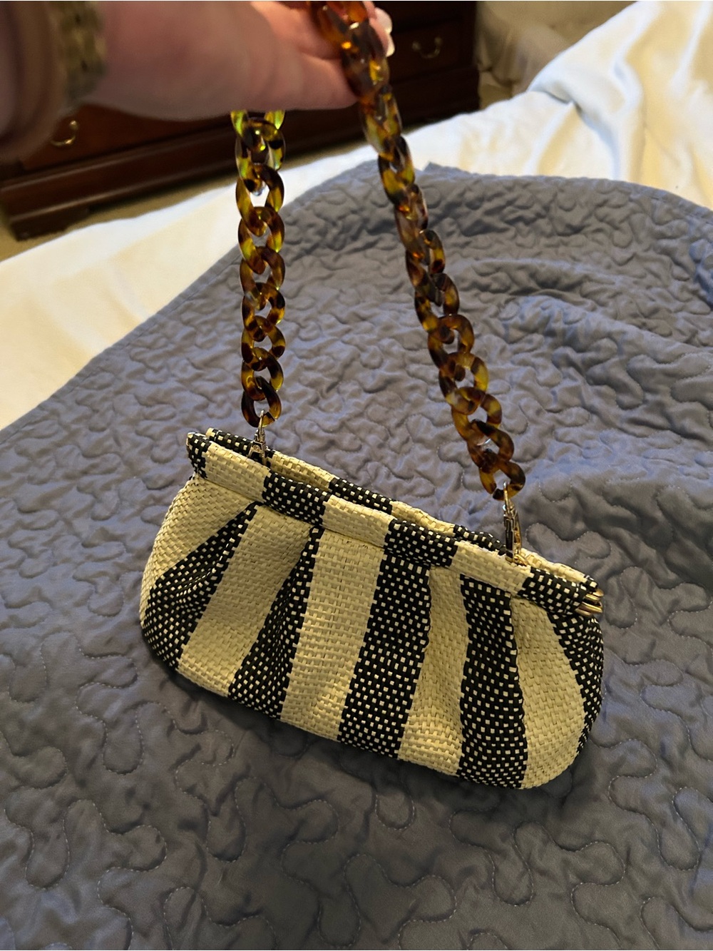 a new day Black & Cream Striped Woven Mini Shoulder Bag with Tortoiseshell Chain